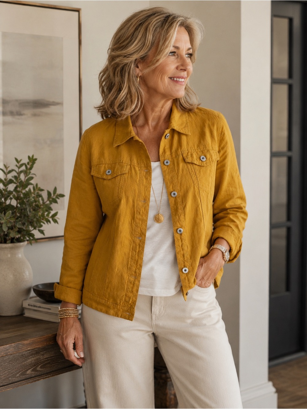 J. Jill Love Linen 100% Linen Jacket XL Tall Mustard Gold Button Front